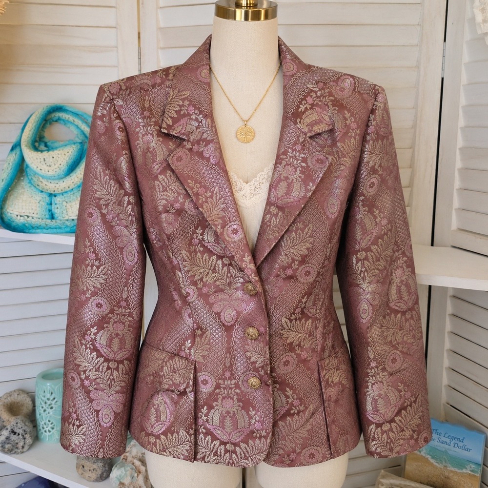 Robbie Bee Size 14 Mauve Pink Brocade Paisley Blazer Metallic Jacket Formal
